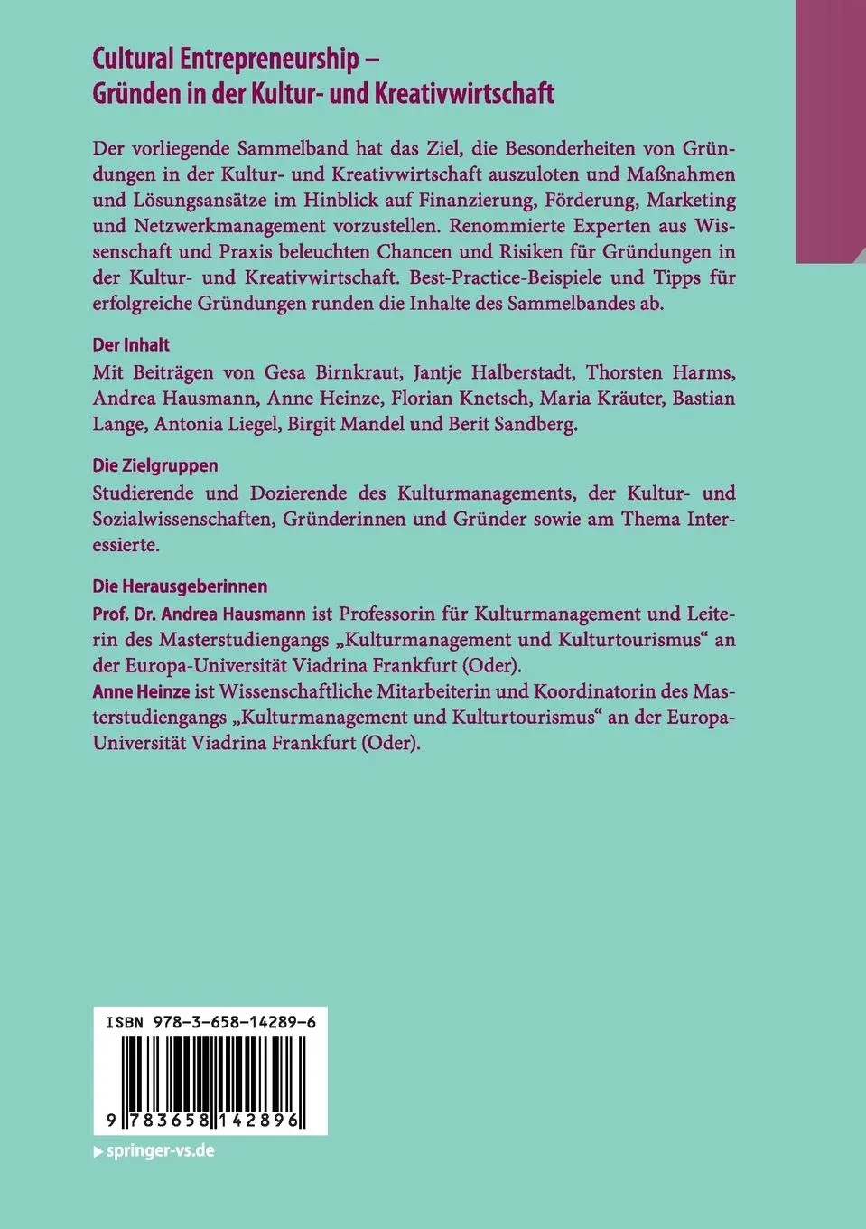Rückseite: 9783658142896 | Cultural Entrepreneurship - Gründen in der Kultur- und...