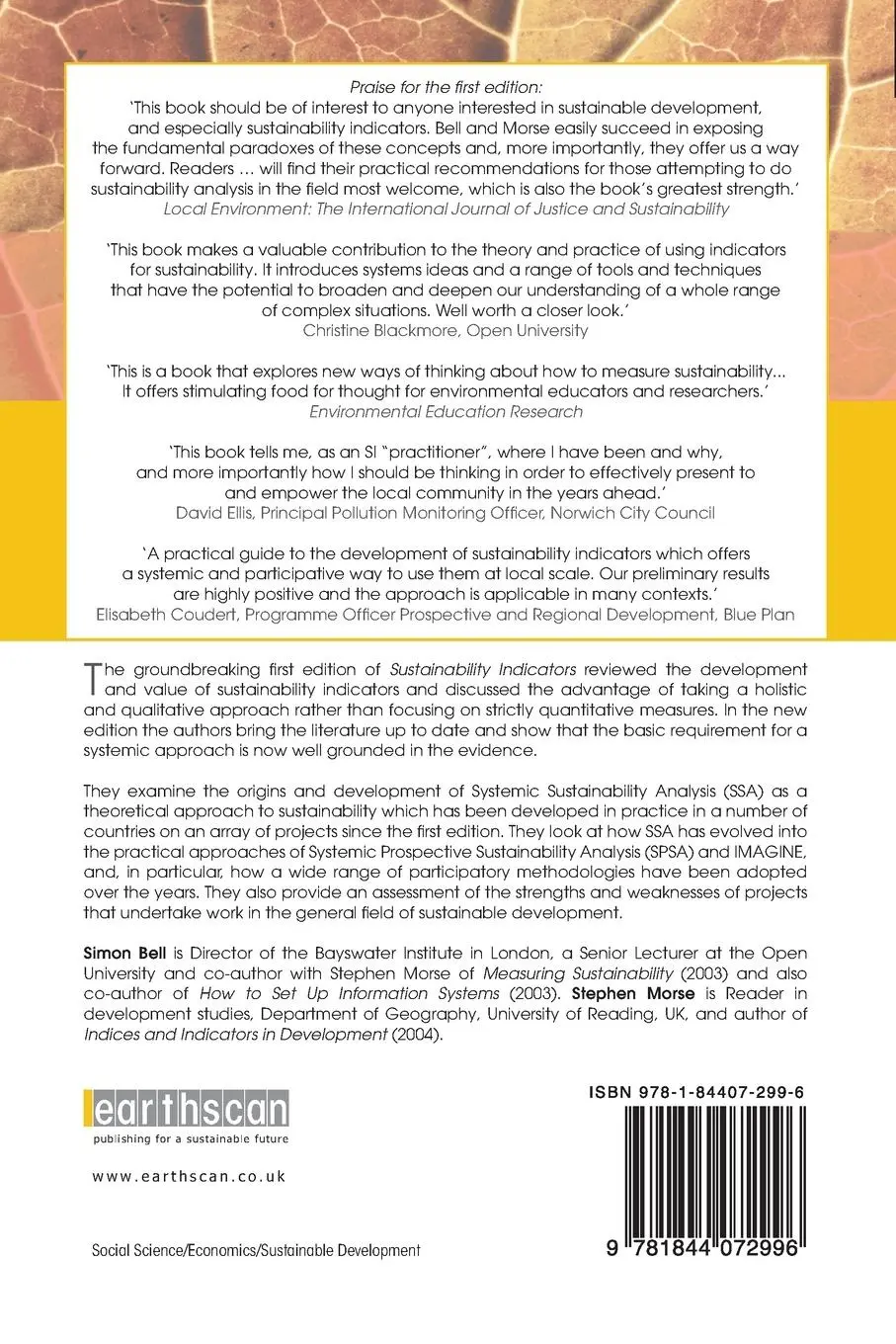 Rückseite: 9781844072996 | Sustainability Indicators | Measuring the Immeasurable? | Bell (u. a.)