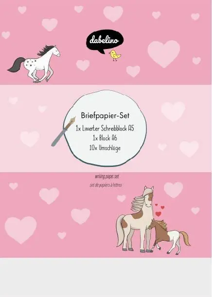 Liniertes Briefpapier-Set für Kinder: Pferde, Ponys (rosa mit Herzen, Mädchen)
