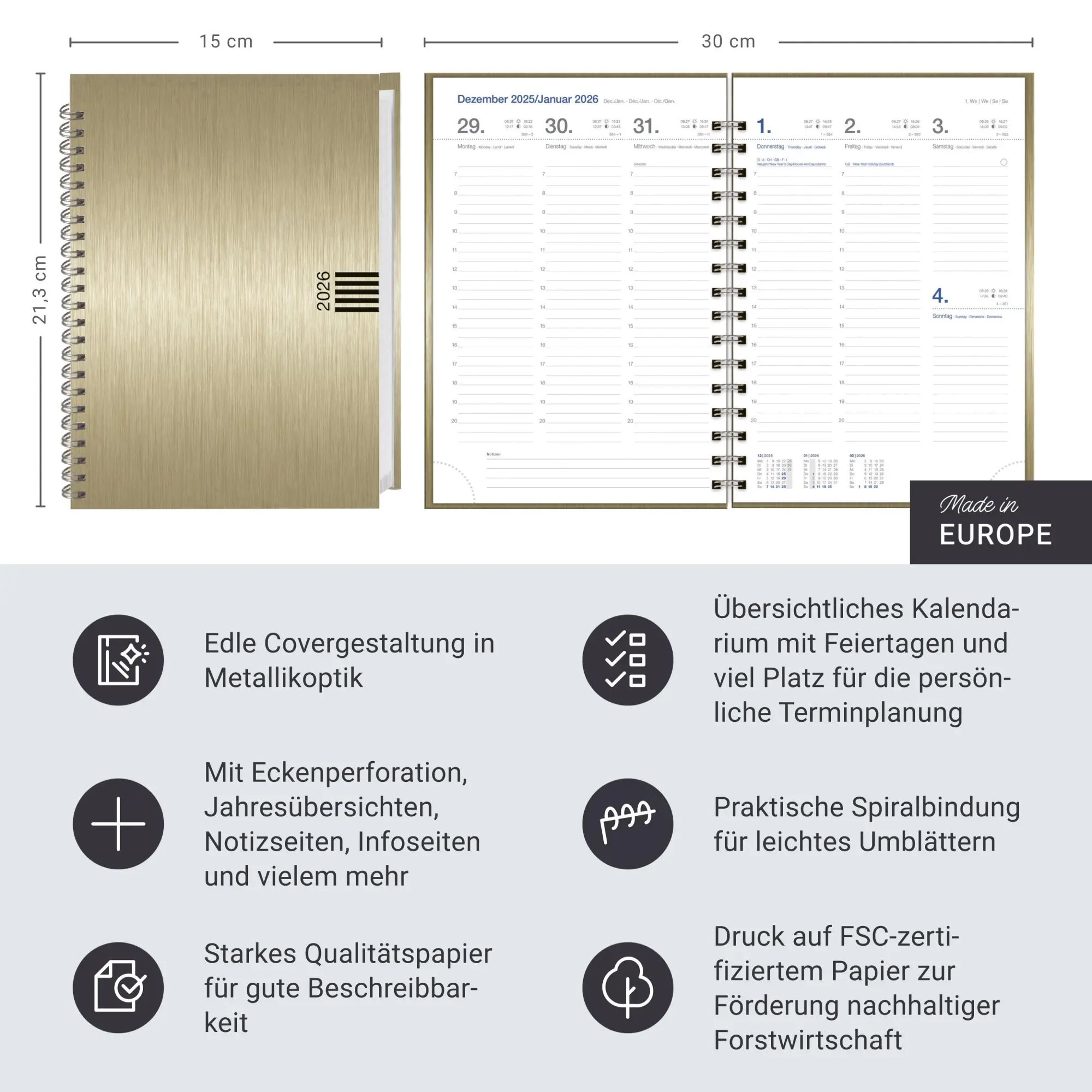 Bild: 9783756413096 | Wochen-Cheftimer A5, Alu gold 2026 | Heye | Buch | Bürokalender Heye