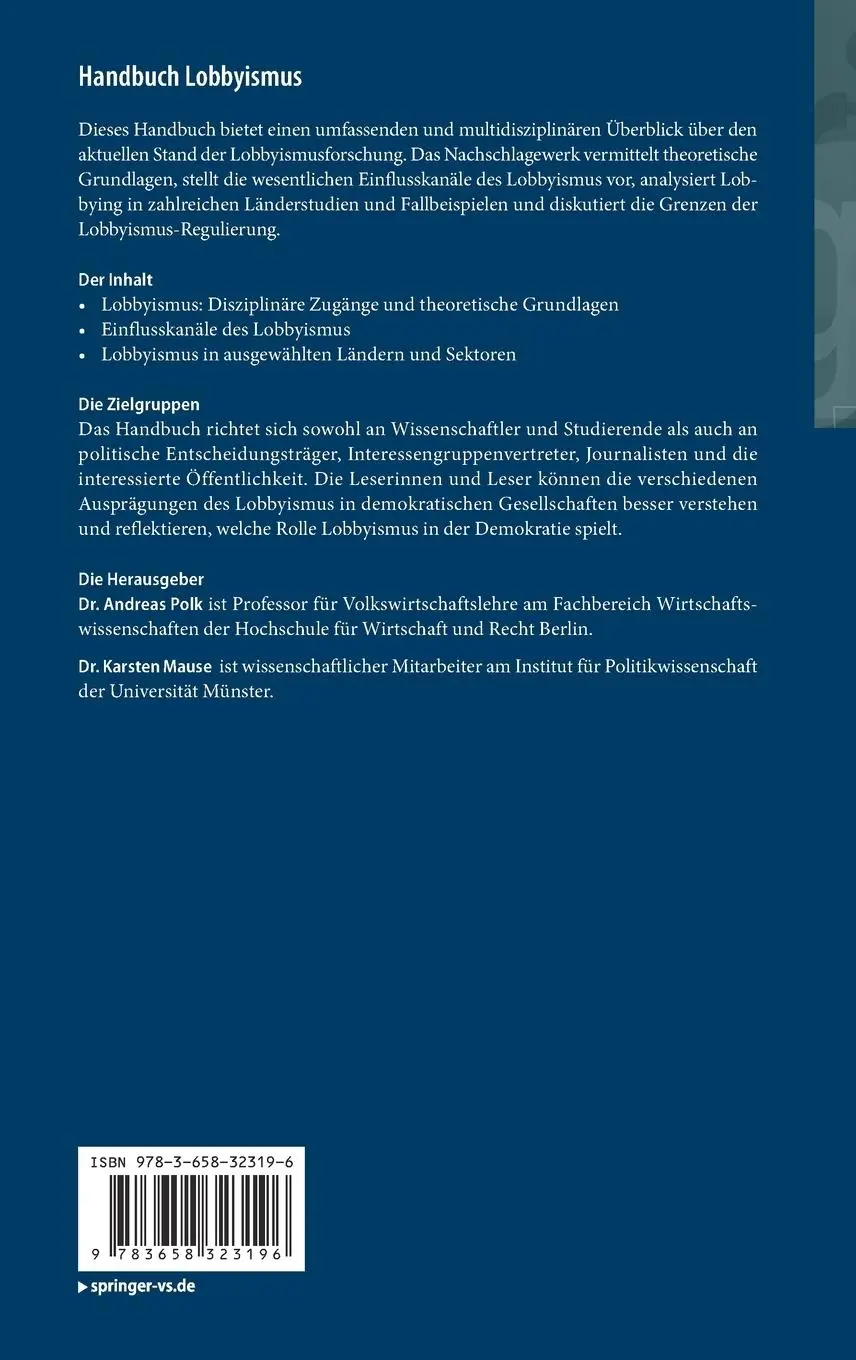 Rückseite: 9783658323196 | Handbuch Lobbyismus | Karsten Mause (u. a.) | Buch | xvi | Deutsch