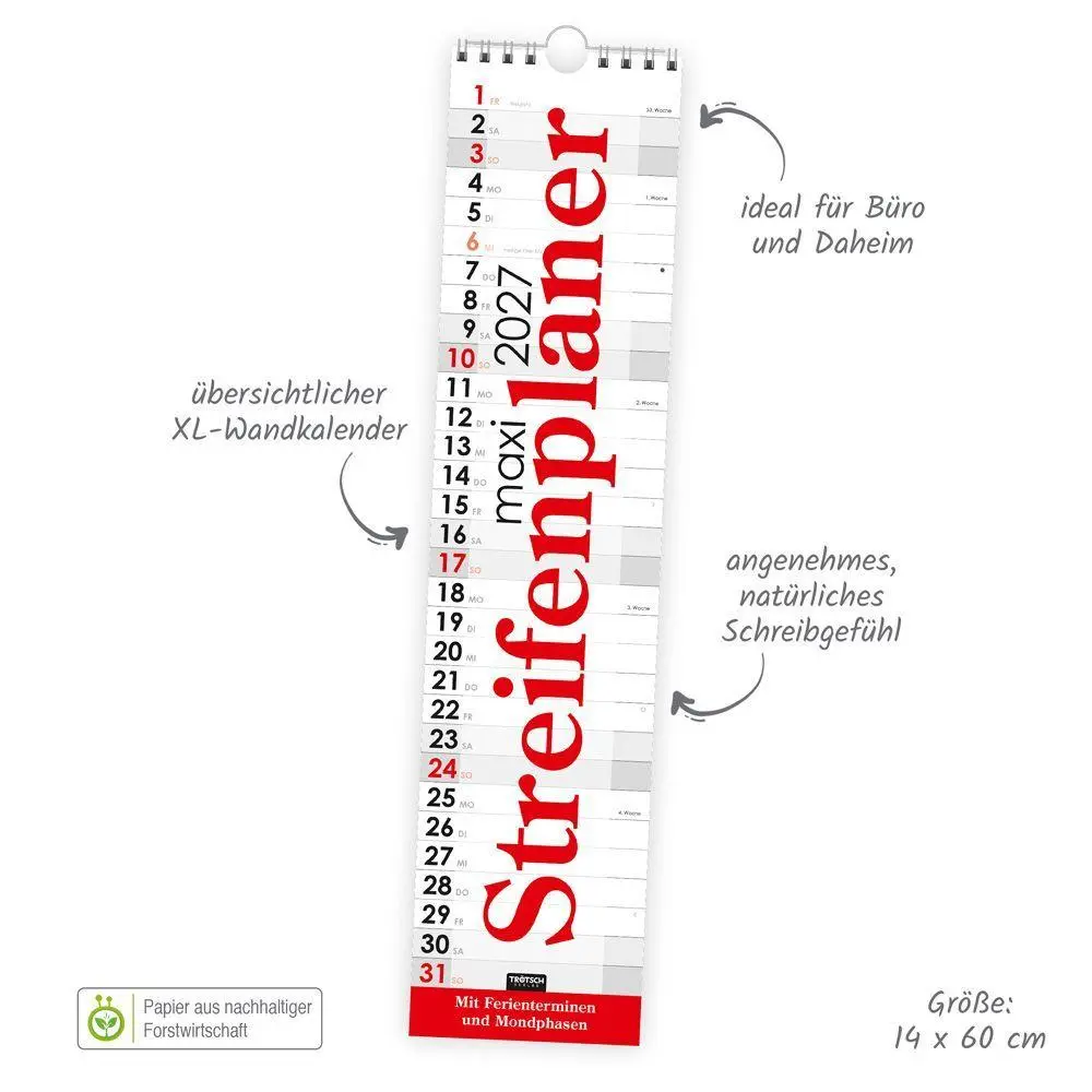 Bild: 4251901513496 | TRÖTSCH - Streifenkalender Maxi Rot 2027 | Wandkalender Notizkalender