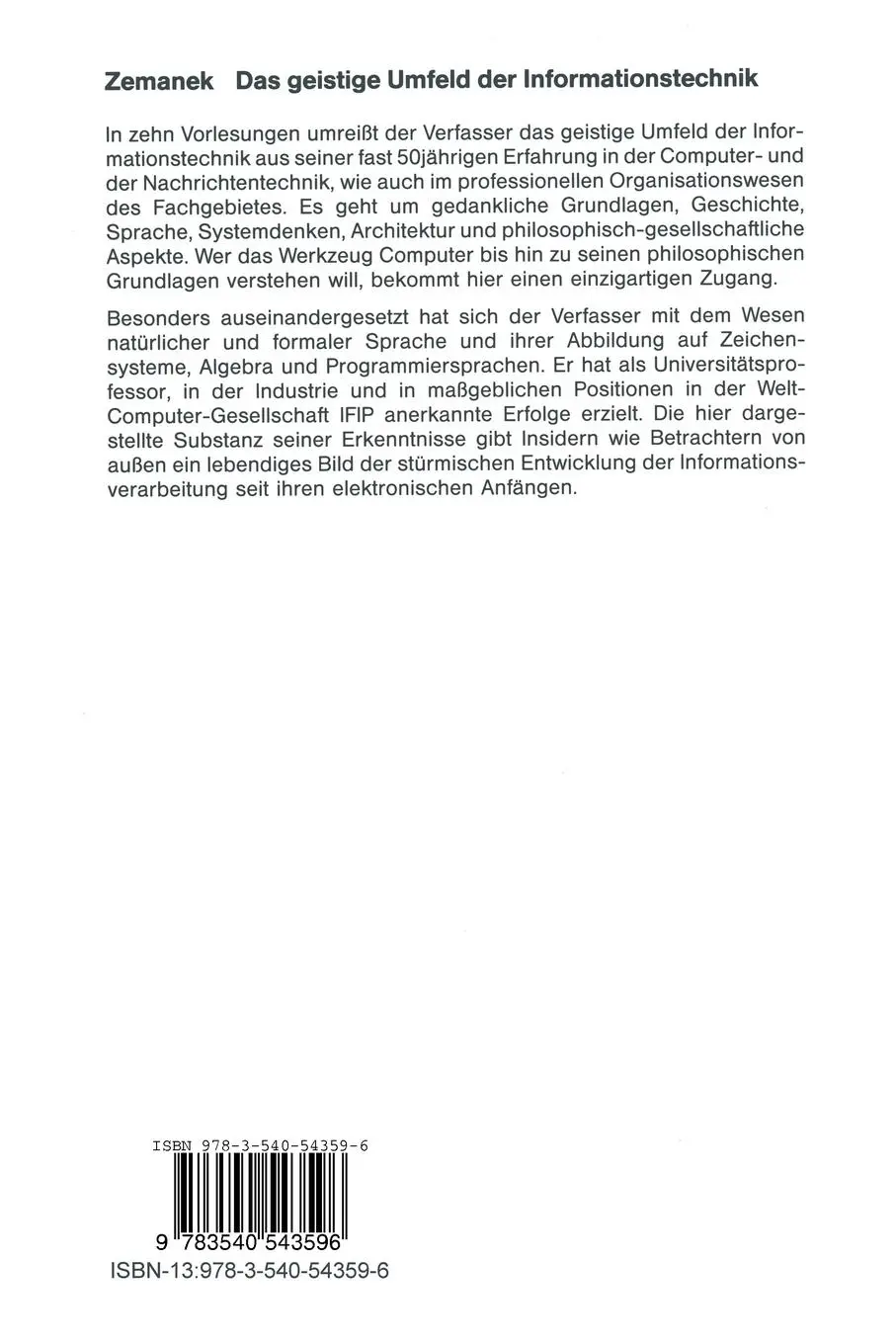 Rückseite: 9783540543596 | Das geistige Umfeld der Informationstechnik | Heinz Zemanek | Buch | x