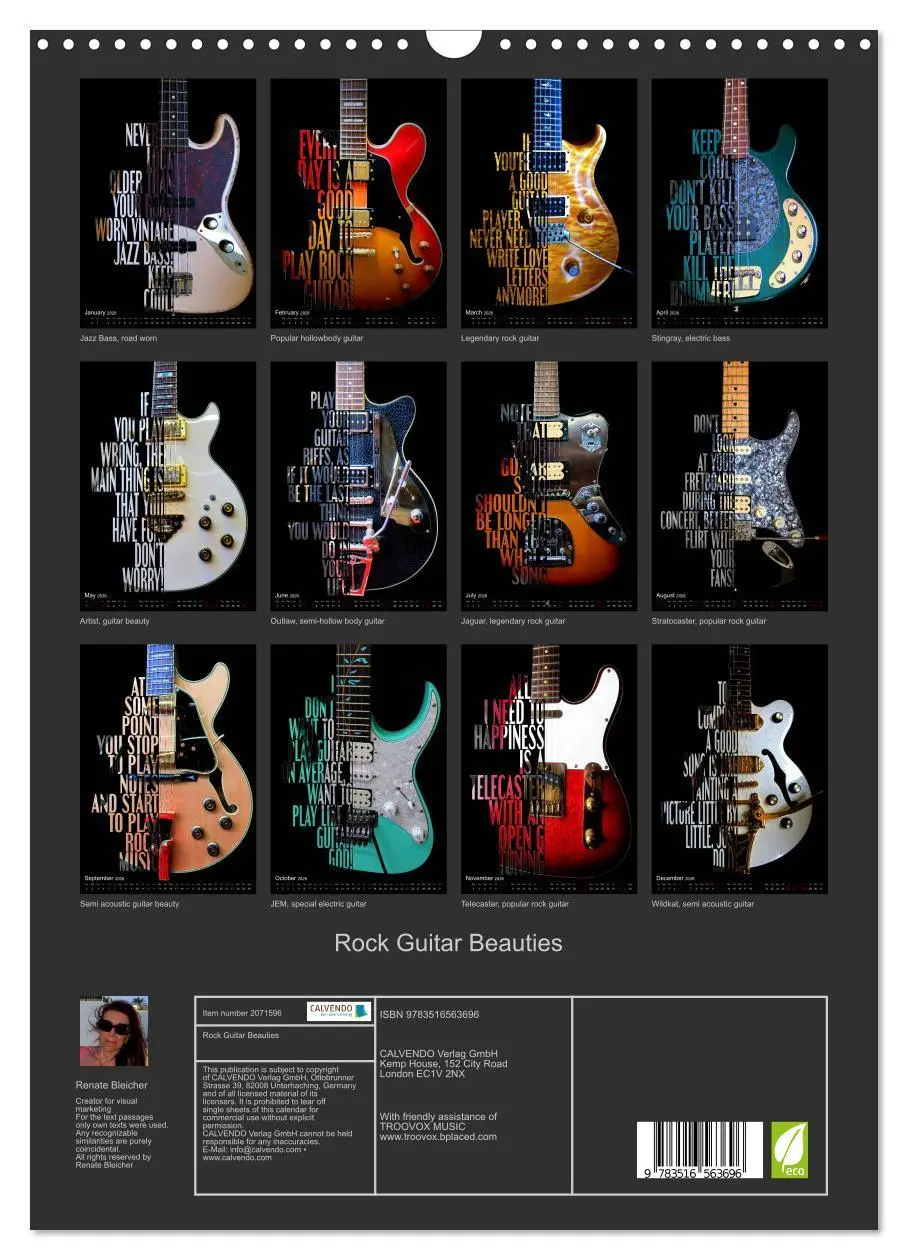 Bild: 9783516563696 | Rock Guitar Beauties (Wall Calendar 2026 DIN A3 portrait), CALVENDO...