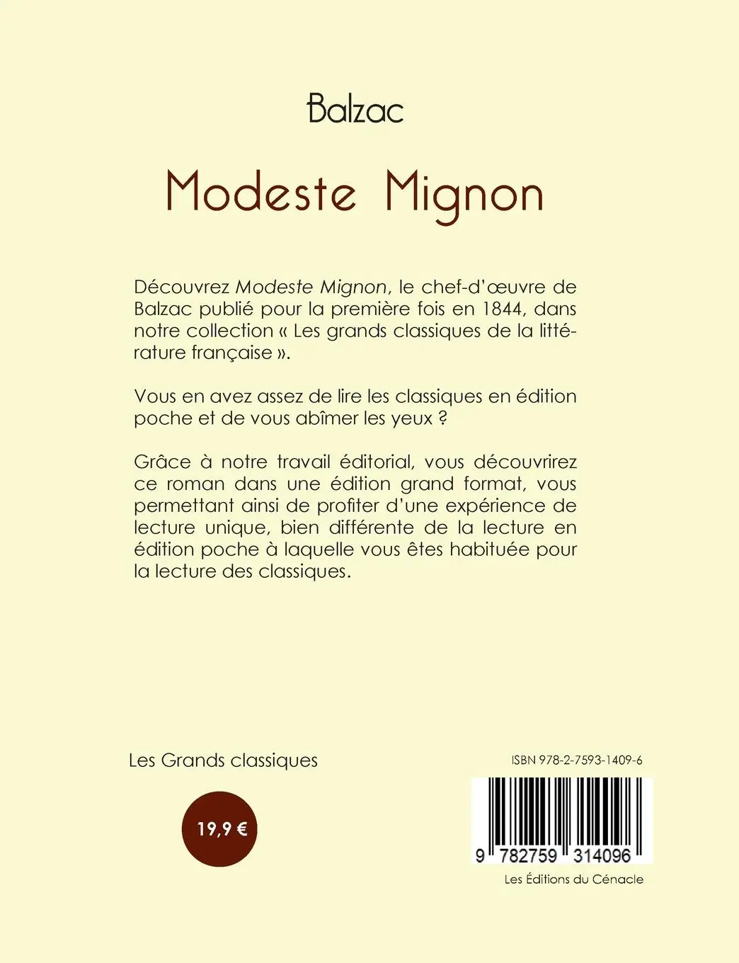 Rückseite: 9782759314096 | Modeste Mignon de Balzac (édition grand format) | Honoré de Balzac