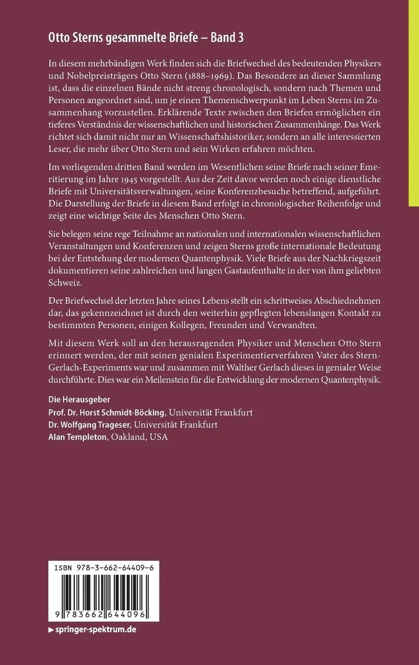 Rückseite: 9783662644096 | Otto Sterns gesammelte Briefe ¿ Band 3 | Horst Schmidt-Böcking (u. a.)