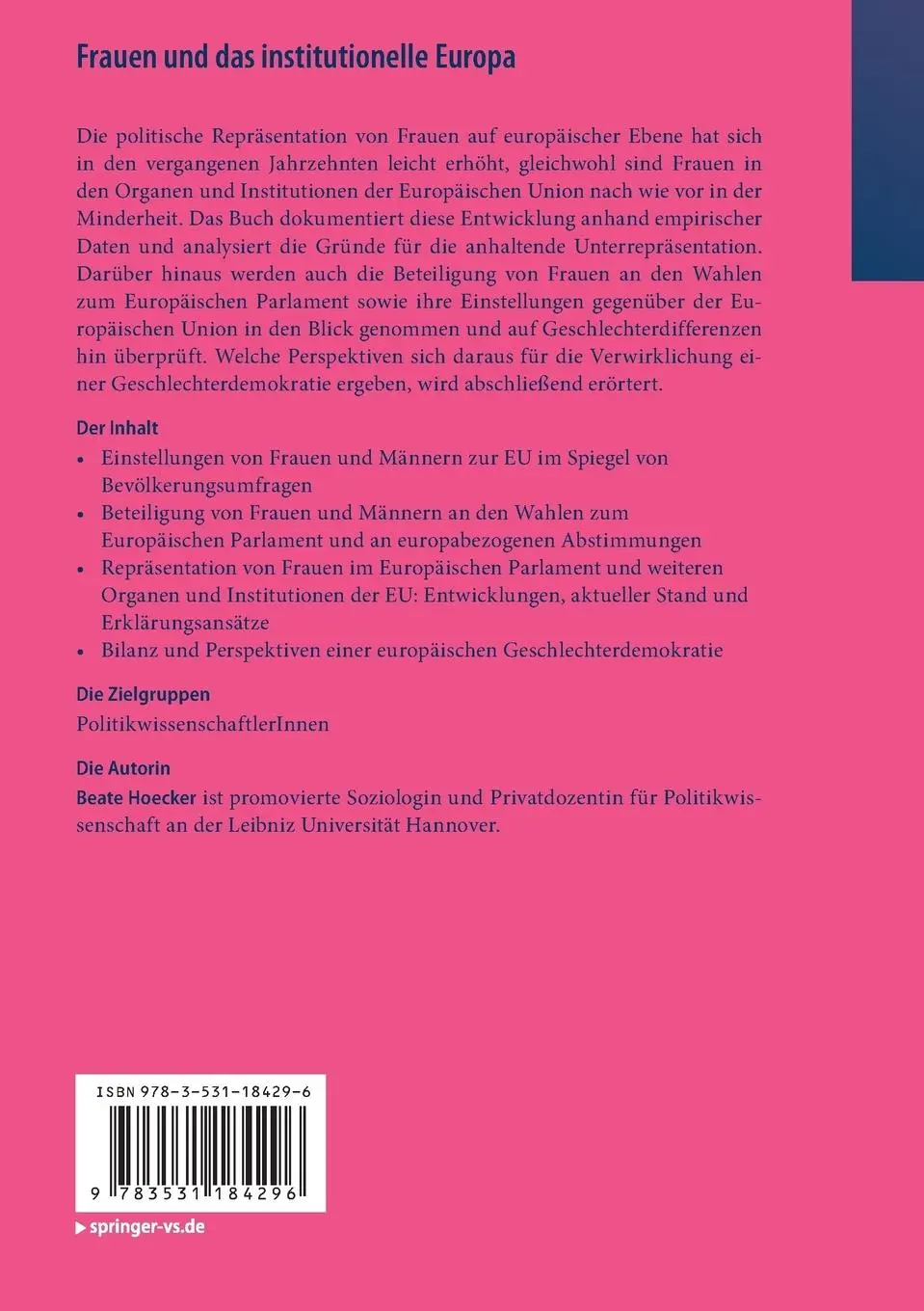 Rückseite: 9783531184296 | Frauen und das institutionelle Europa | Beate Hoecker | Taschenbuch