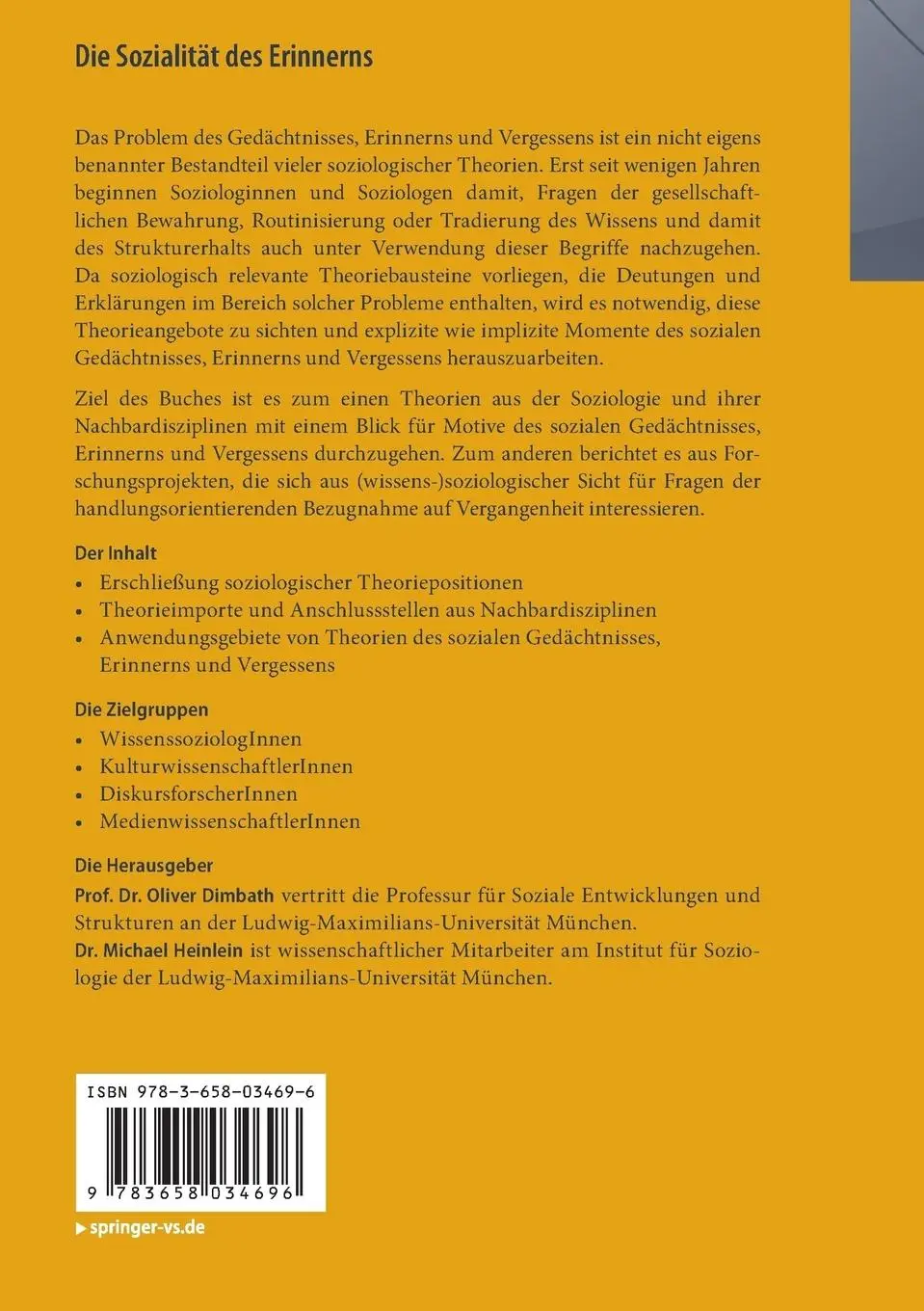 Rückseite: 9783658034696 | Die Sozialität des Erinnerns | Michael Heinlein (u. a.) | Taschenbuch