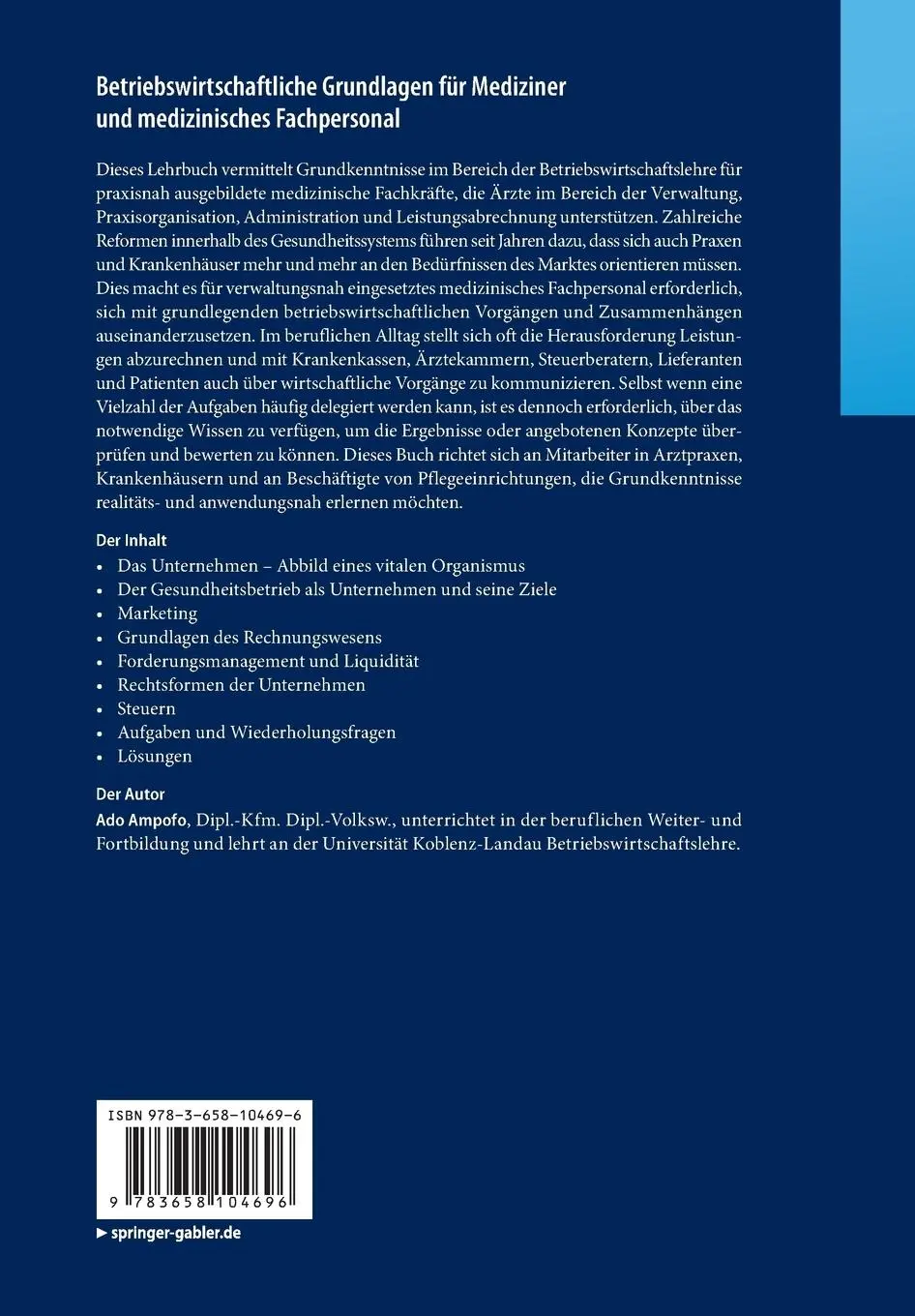 Rückseite: 9783658104696 | Betriebswirtschaftliche Grundlagen für Mediziner und medizinisches...