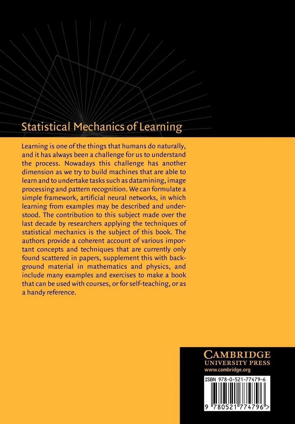 Rückseite: 9780521774796 | Statistical Mechanics of Learning | A. Engel (u. a.) | Taschenbuch
