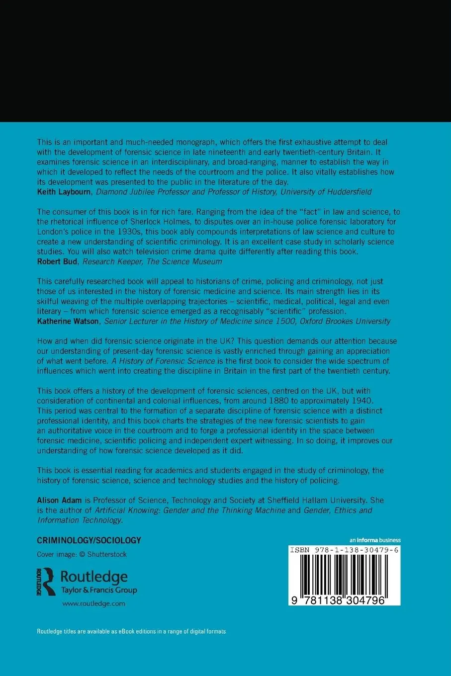 Rückseite: 9781138304796 | A History of Forensic Science | Alison Adam | Taschenbuch | Englisch