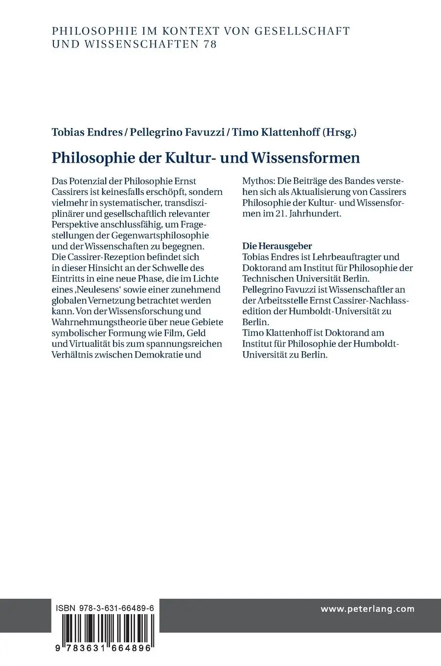 Rückseite: 9783631664896 | Philosophie der Kultur- und Wissensformen | Ernst Cassirer neu lesen