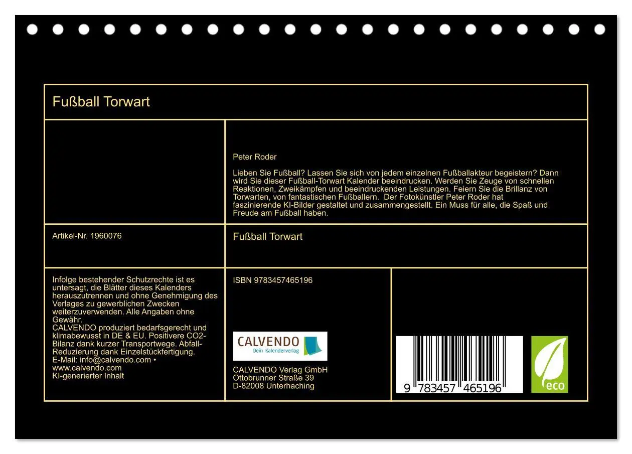 Bild: 9783457465196 | Fußball Torwart (Tischkalender 2026 DIN A5 quer), CALVENDO...