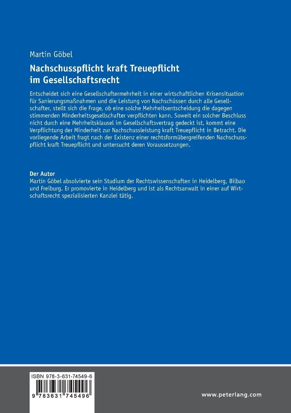 Rückseite: 9783631745496 | Nachschusspflicht kraft Treuepflicht im Gesellschaftsrecht | Göbel
