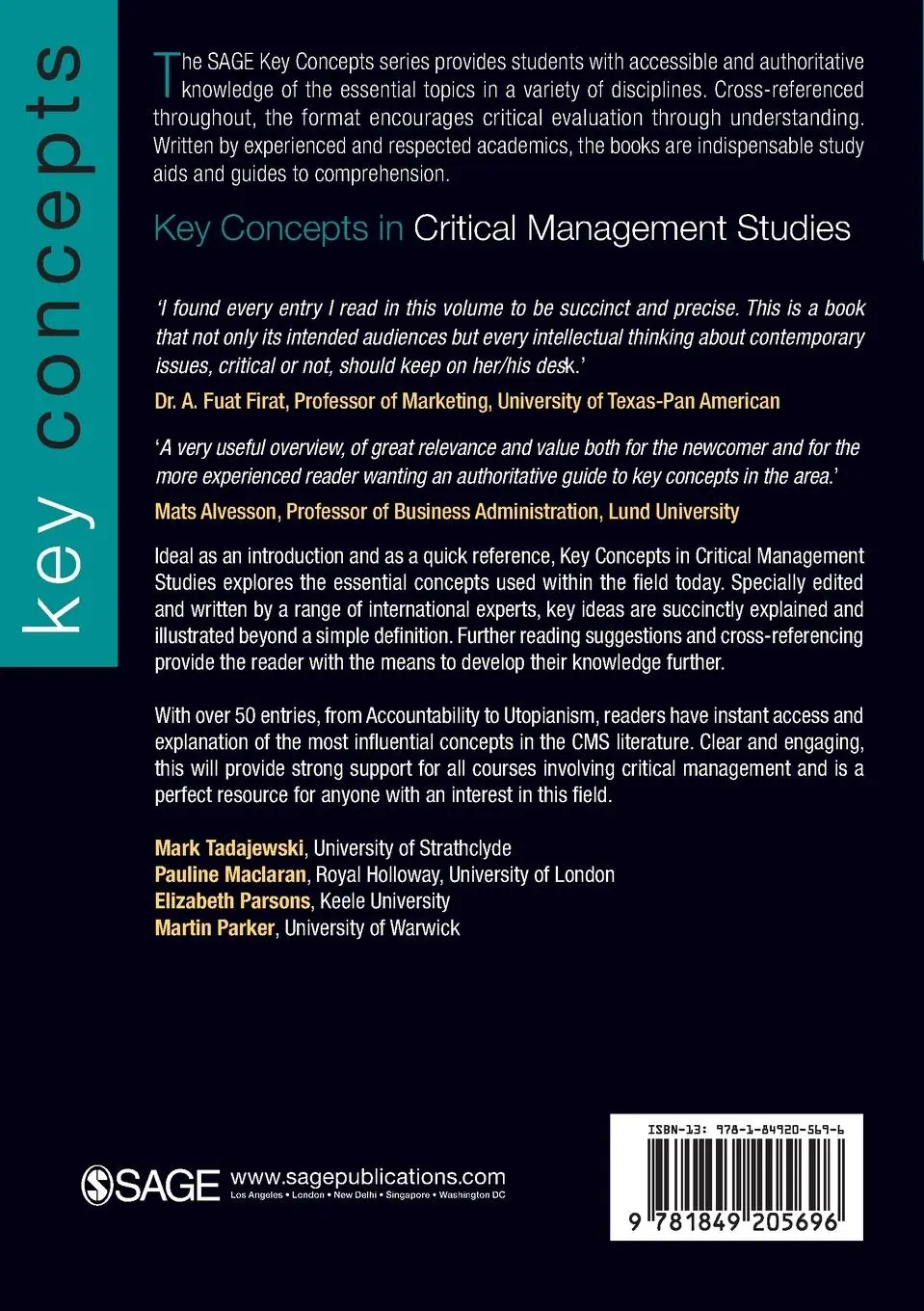 Rückseite: 9781849205696 | Key Concepts in Critical Management Studies | Mark Tadajewski (u. a.)