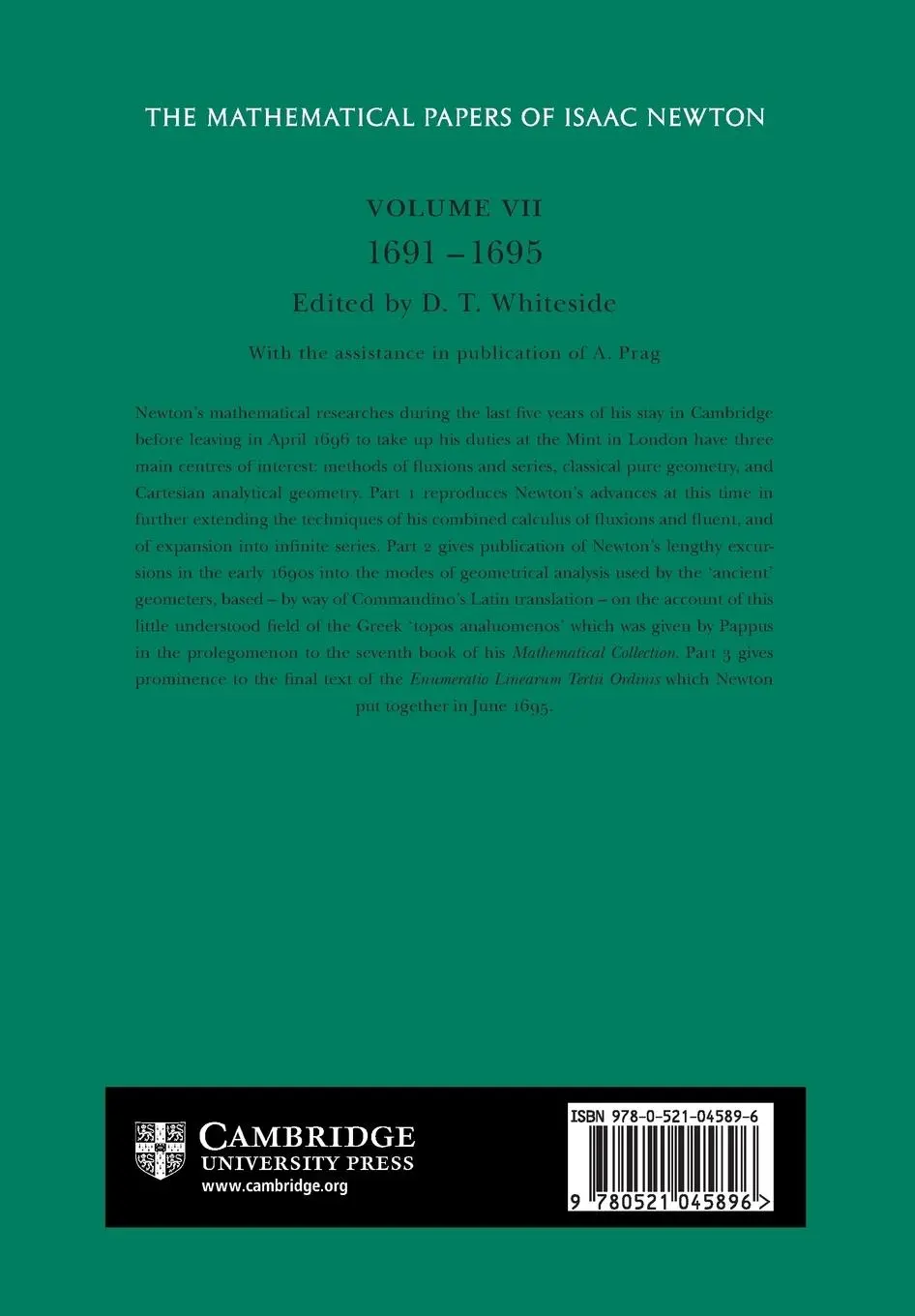 Rückseite: 9780521045896 | The Mathematical Papers of Isaac Newton | Volume 7, 1691 1695 | Newton