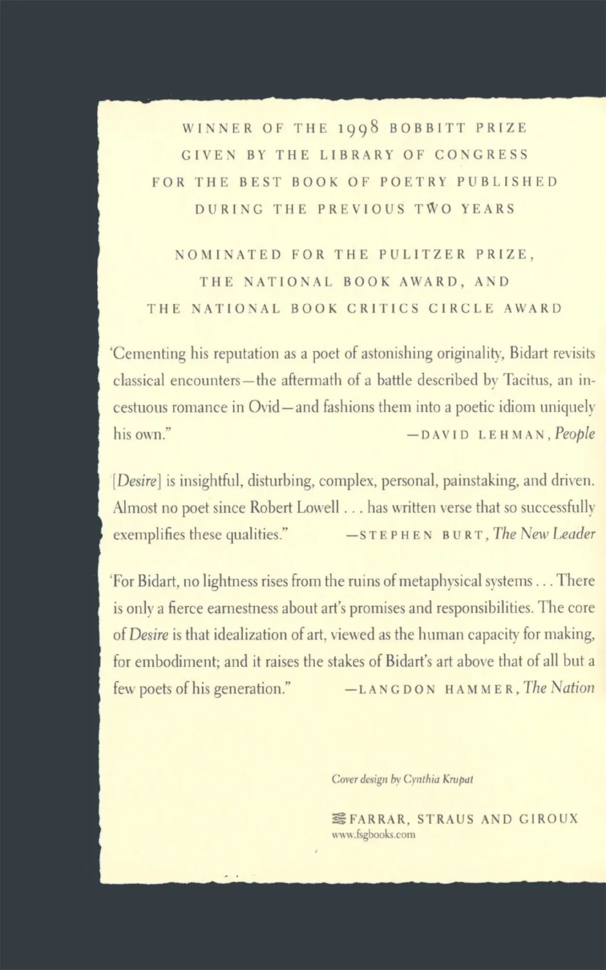 Rückseite: 9780374525996 | Desire | Poems | Frank Bidart | Taschenbuch | Englisch | 1999
