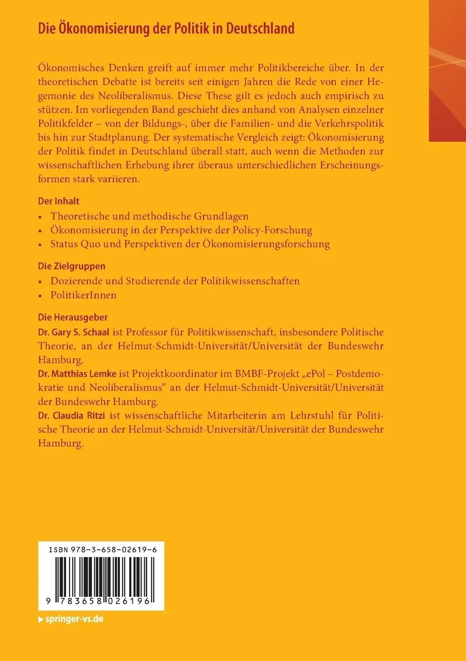 Rückseite: 9783658026196 | Die Ökonomisierung der Politik in Deutschland | Gary S. Schaal (u. a.)
