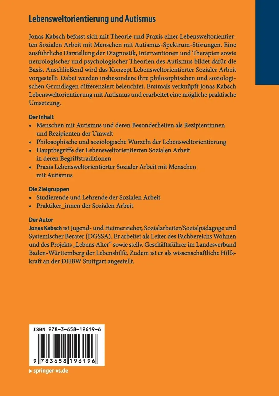 Rückseite: 9783658196196 | Lebensweltorientierung und Autismus | Jonas Kabsch | Taschenbuch | xix