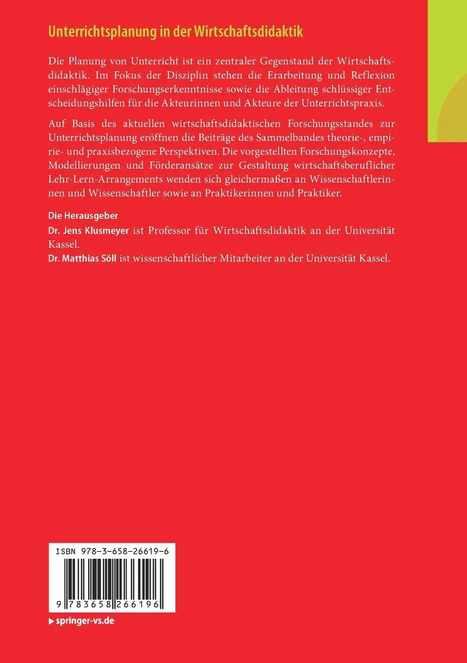 Rückseite: 9783658266196 | Unterrichtsplanung in der Wirtschaftsdidaktik | Matthias Söll (u. a.)