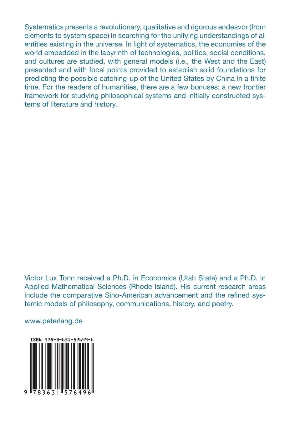 Rückseite: 9783631576496 | Systematics and the Economics of Culture | Victor Lux Tonn | Buch
