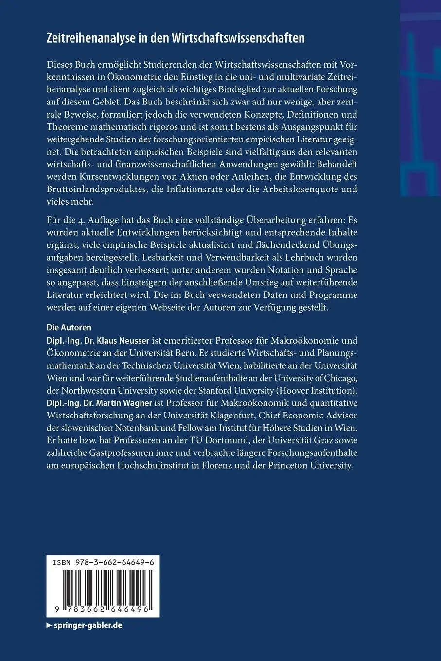 Rückseite: 9783662646496 | Zeitreihenanalyse in den Wirtschaftswissenschaften | Wagner (u. a.)