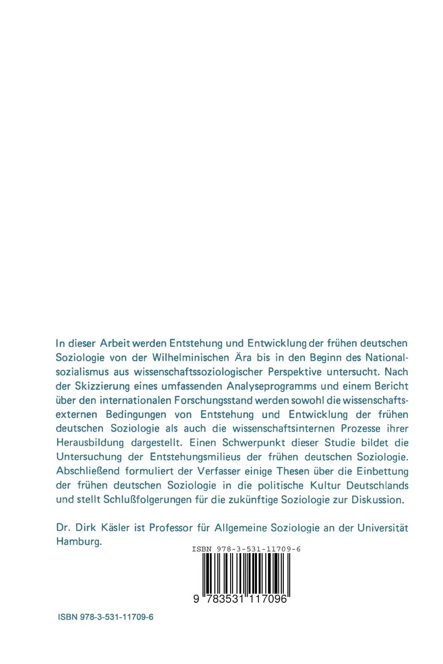Rückseite: 9783531117096 | Die frühe deutsche Soziologie 1909 bis 1934 und ihre...