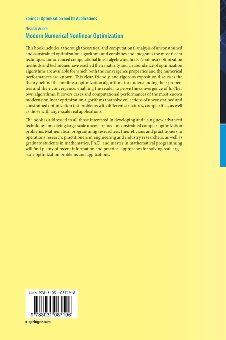 Rückseite: 9783031087196 | Modern Numerical Nonlinear Optimization | Neculai Andrei | Buch | 2022