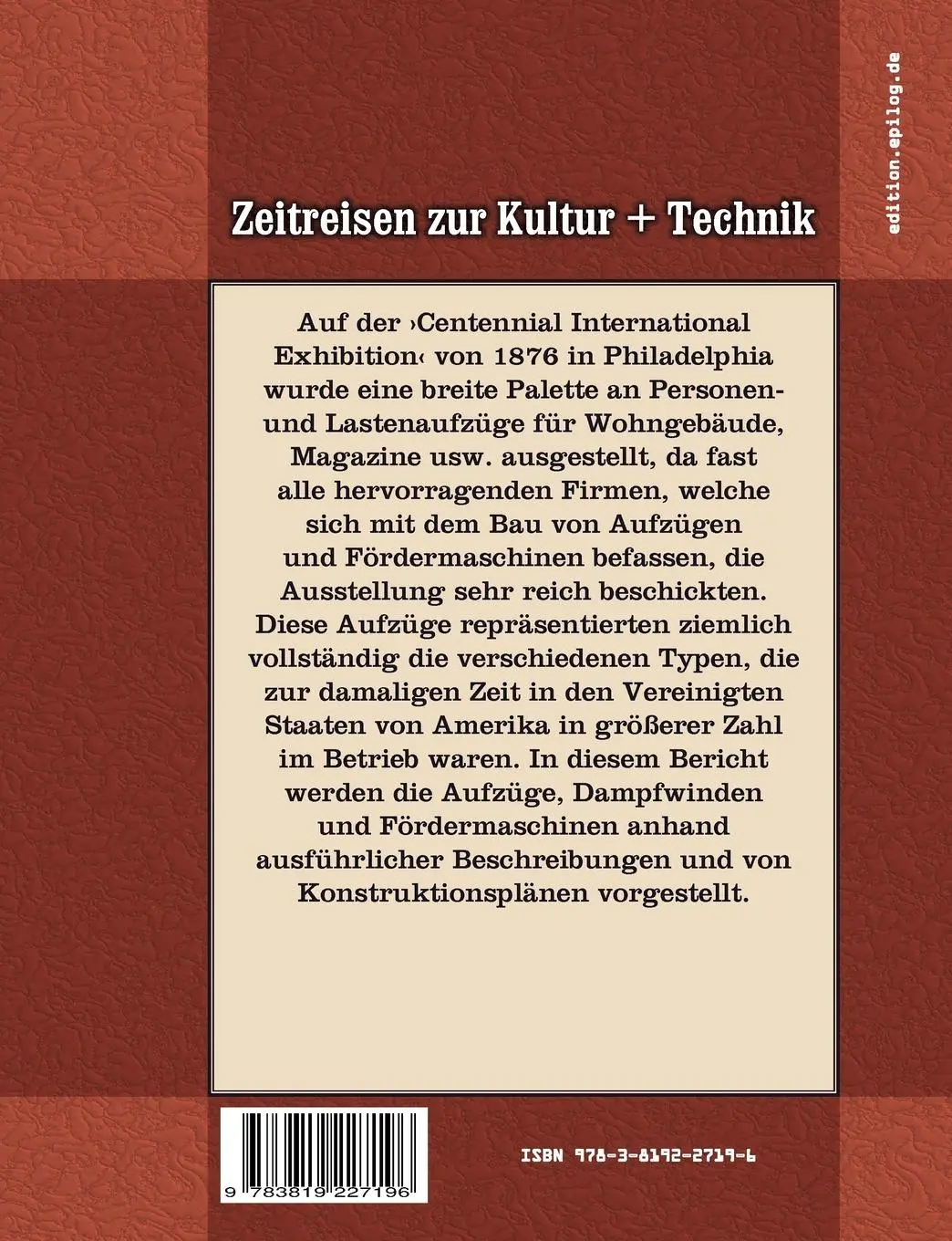 Rückseite: 9783819227196 | Aufzüge und Fördermaschinen auf der Weltausstellung in Philadelphia...