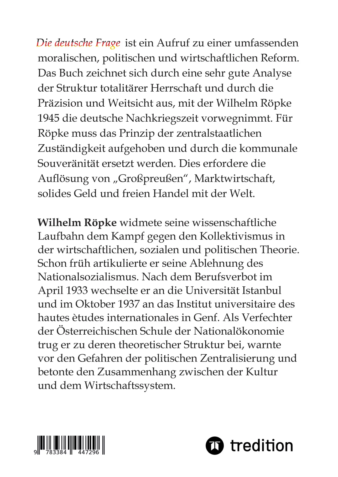 Rückseite: 9783384447296 | Die deutsche Frage | Wilhelm Röpke | Buch | 300 S. | Deutsch | 2025