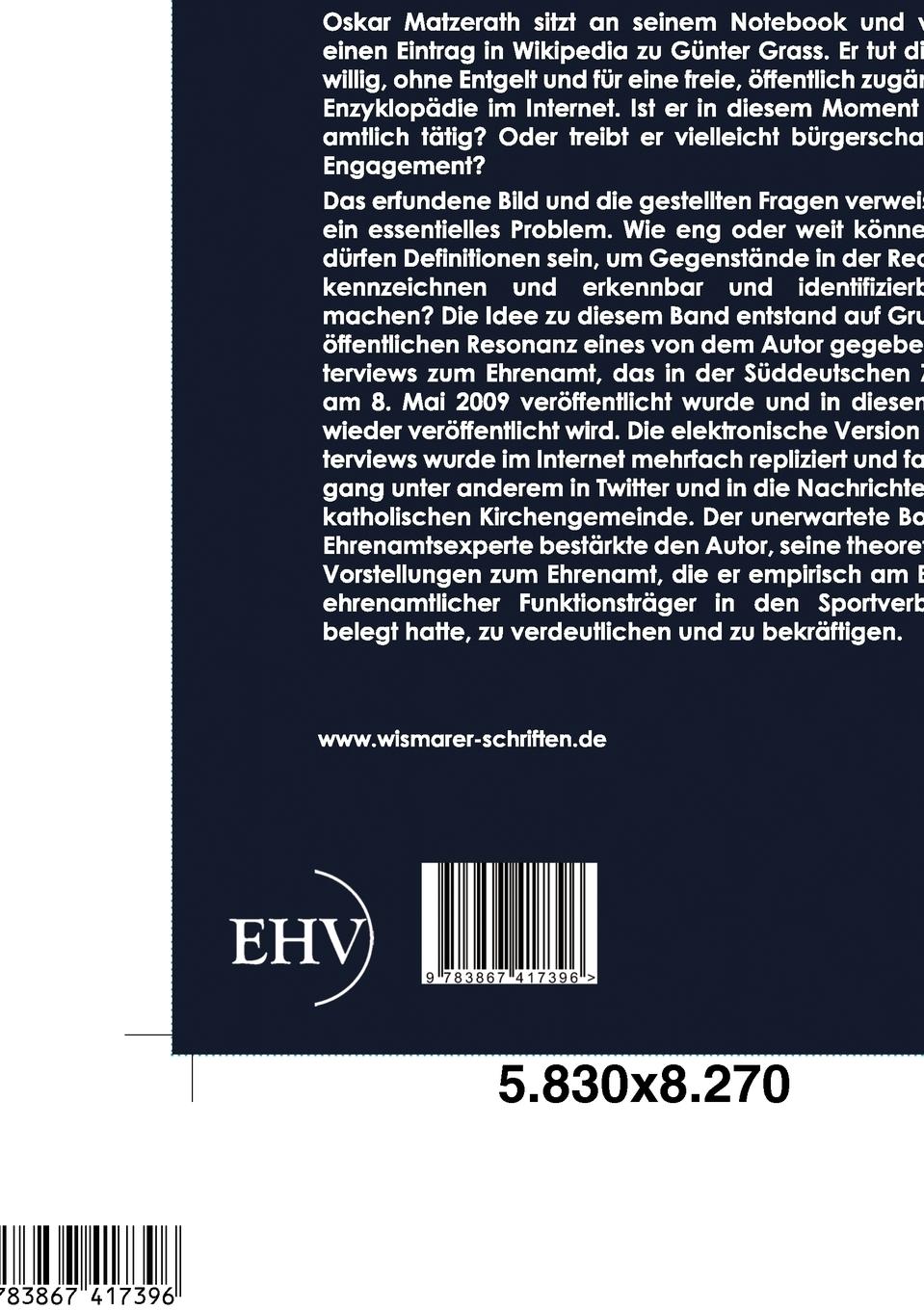 Rückseite: 9783867417396 | Über das Ehrenamt | Joachim Winkler | Taschenbuch | 136 S. | Deutsch