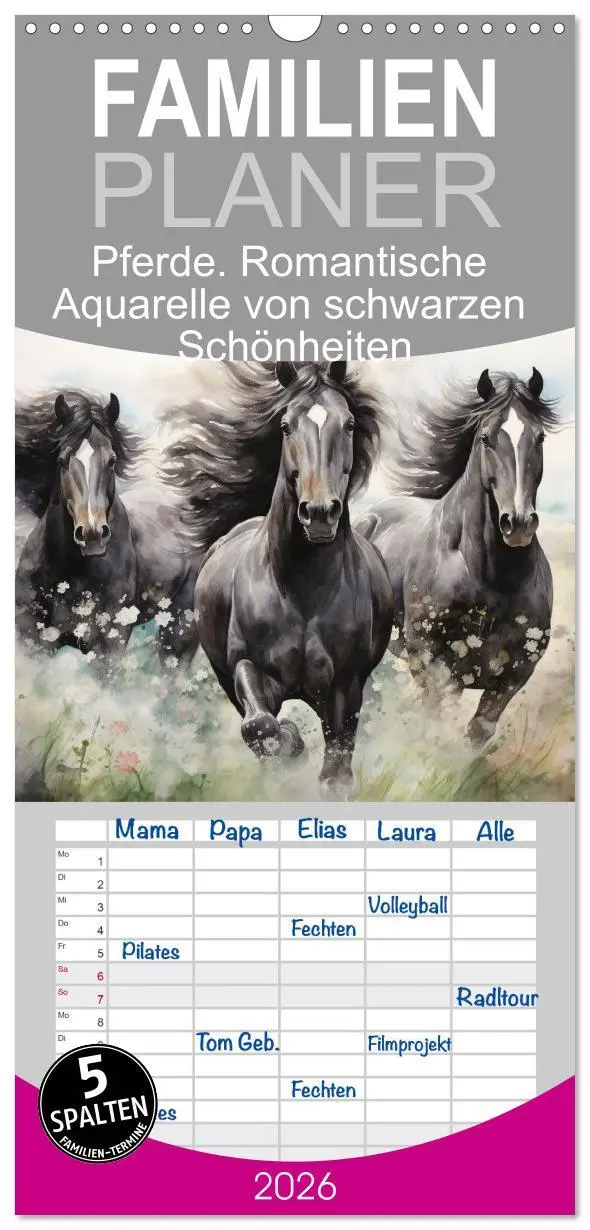 Cover: 9783516497496 | Familienplaner 2026 - Pferde. Romantische Aquarelle von schwarzen...