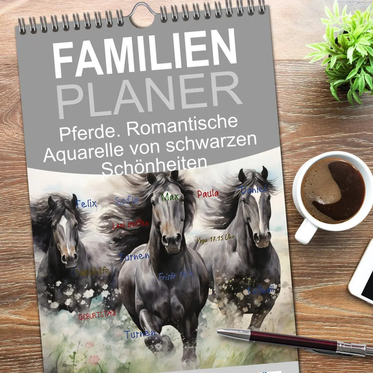 Bild: 9783516497496 | Familienplaner 2026 - Pferde. Romantische Aquarelle von schwarzen...
