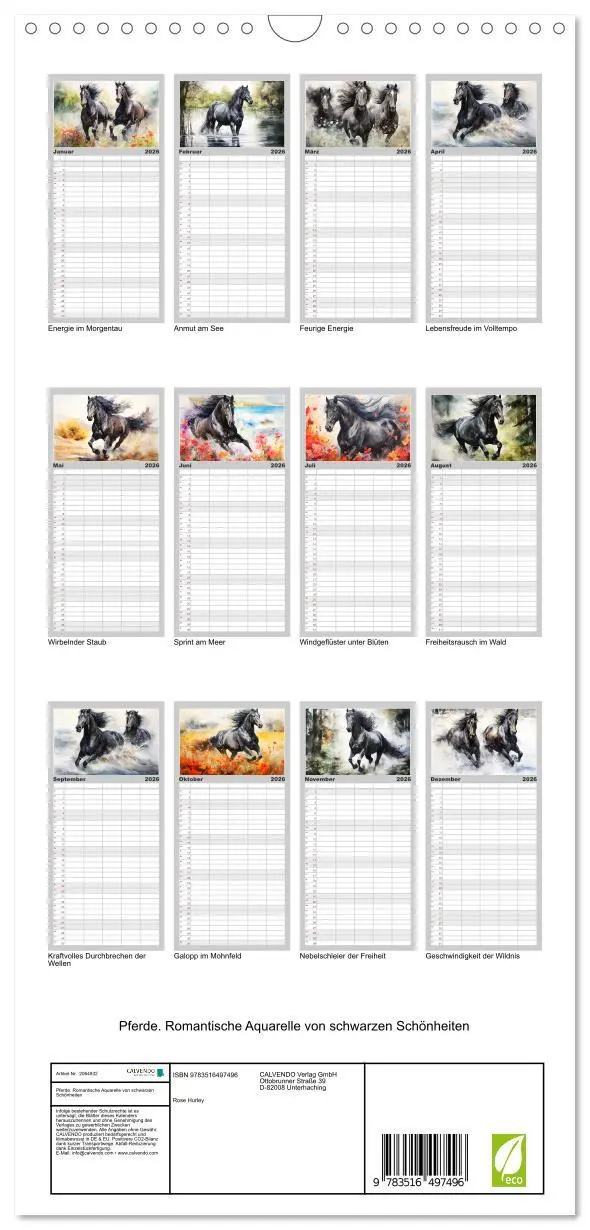 Bild: 9783516497496 | Familienplaner 2026 - Pferde. Romantische Aquarelle von schwarzen...