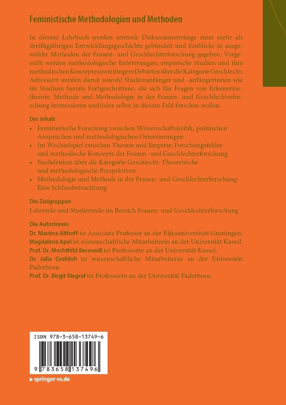 Rückseite: 9783658137496 | Feministische Methodologien und Methoden | Martina Althoff (u. a.)