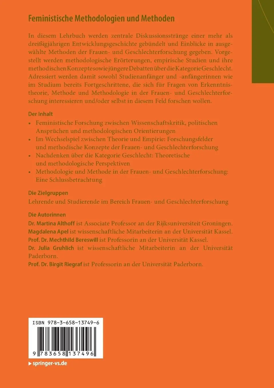 Rückseite: 9783658137496 | Feministische Methodologien und Methoden | Martina Althoff (u. a.)