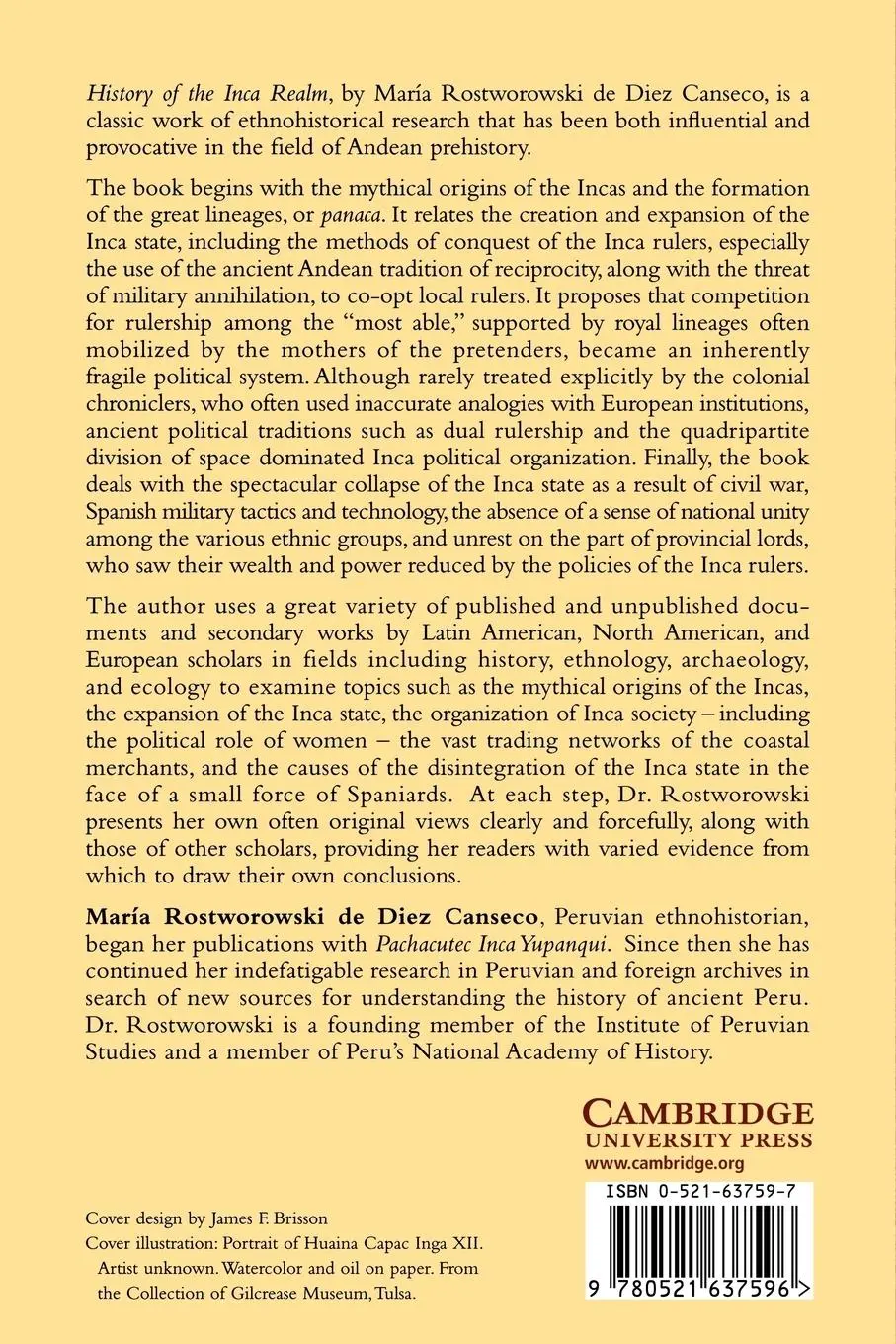 Rückseite: 9780521637596 | History of the Inca Realm | Maria Rostworowski de Diez Cans (u. a.)