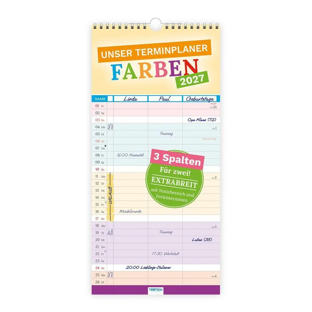 Cover: 9783988027696 | TRÖTSCH - Unser Terminplaner Farben 2027 | Wandkalender mit 3 Spalten