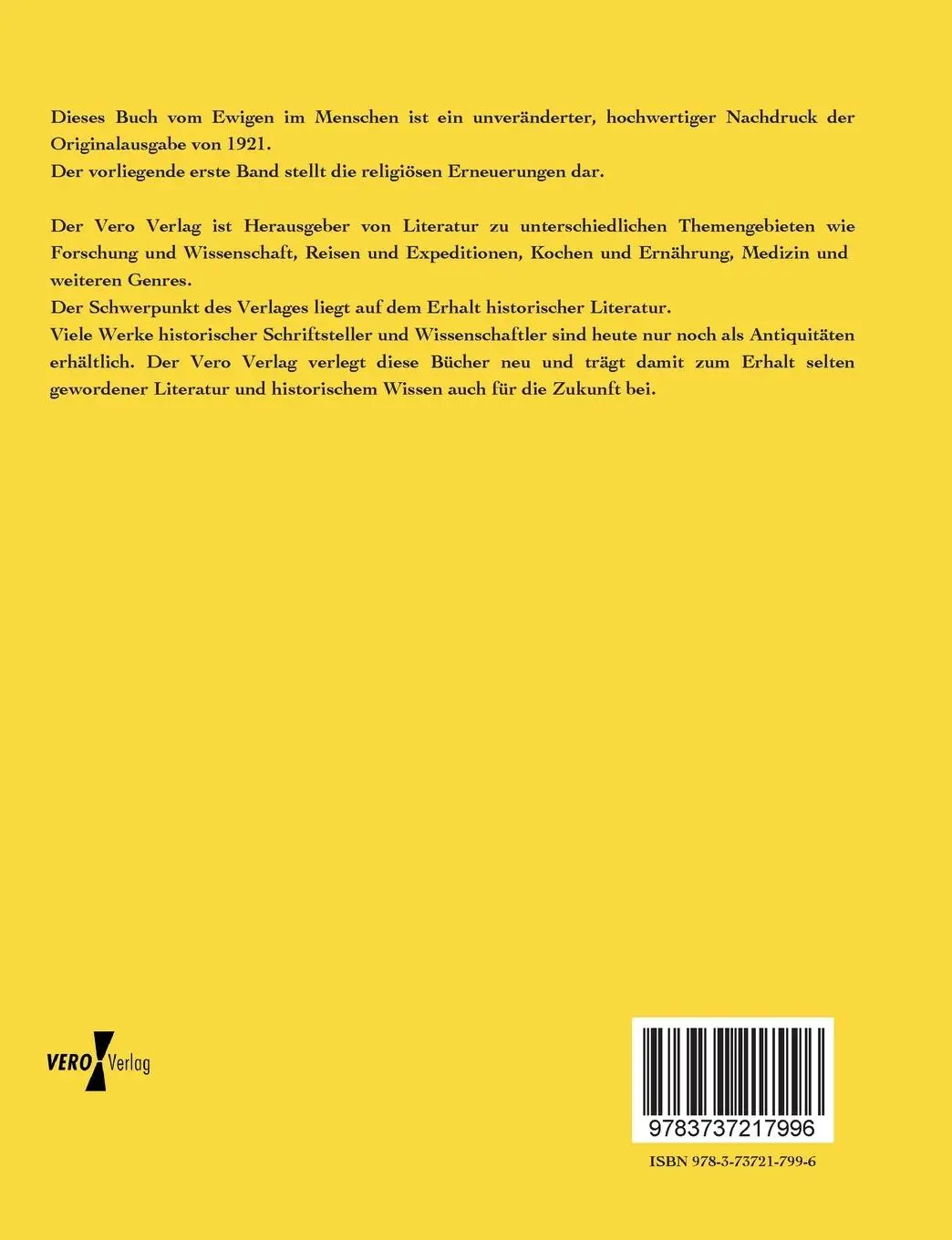 Rückseite: 9783737217996 | Vom Ewigen im Menschen | Erster Band | Max Scheler | Taschenbuch