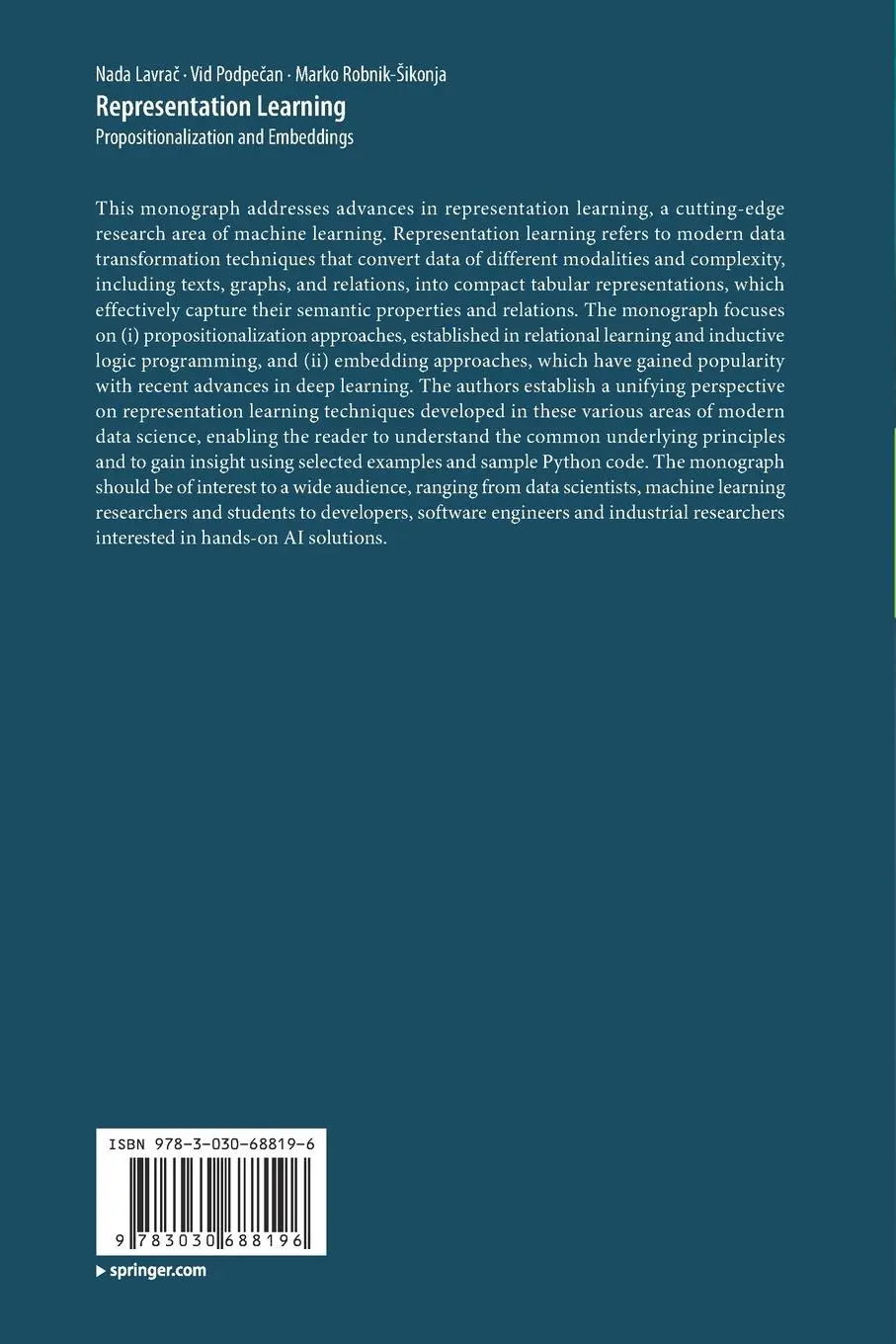 Rückseite: 9783030688196 | Representation Learning | Propositionalization and Embeddings | Buch