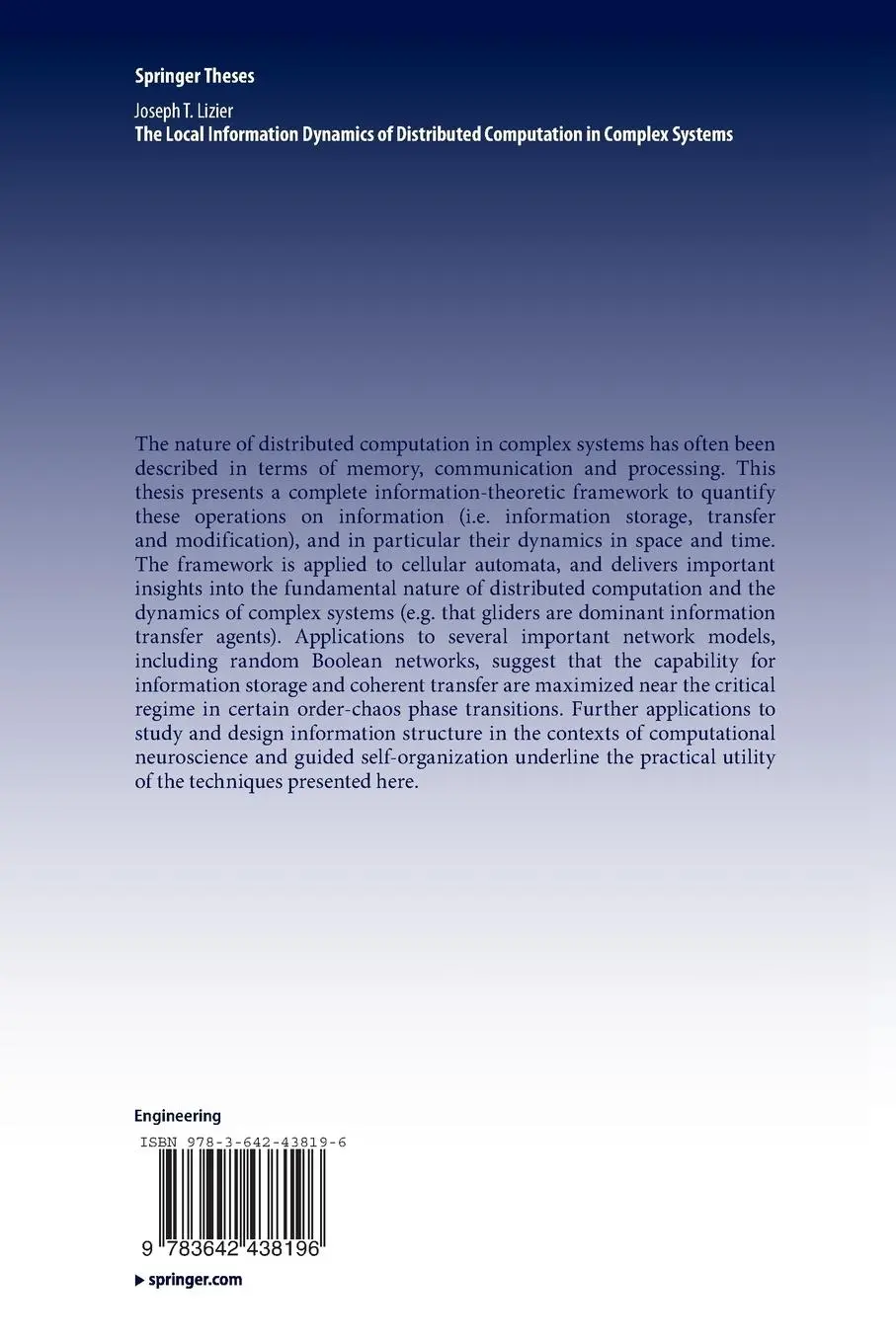 Rückseite: 9783642438196 | The Local Information Dynamics of Distributed Computation in...