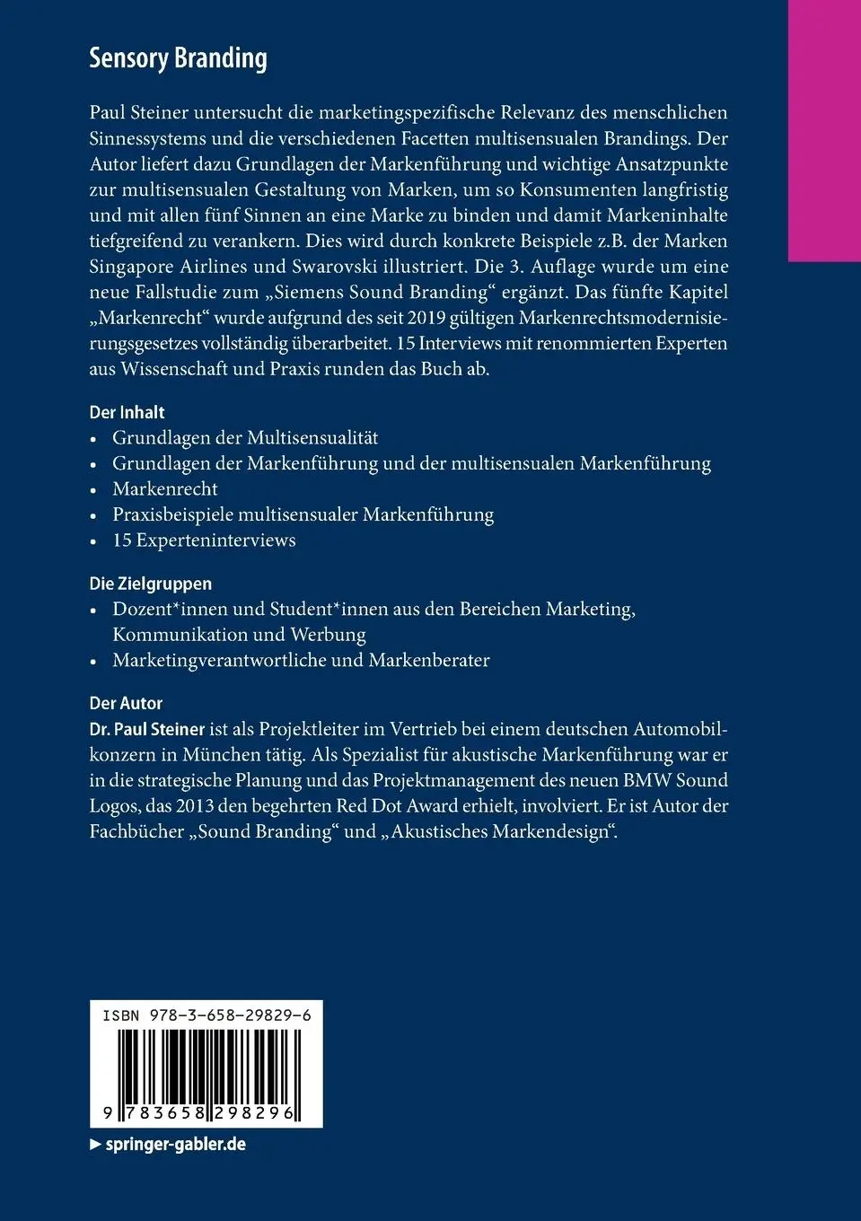 Rückseite: 9783658298296 | Sensory Branding | Grundlagen multisensualer Markenführung | Steiner
