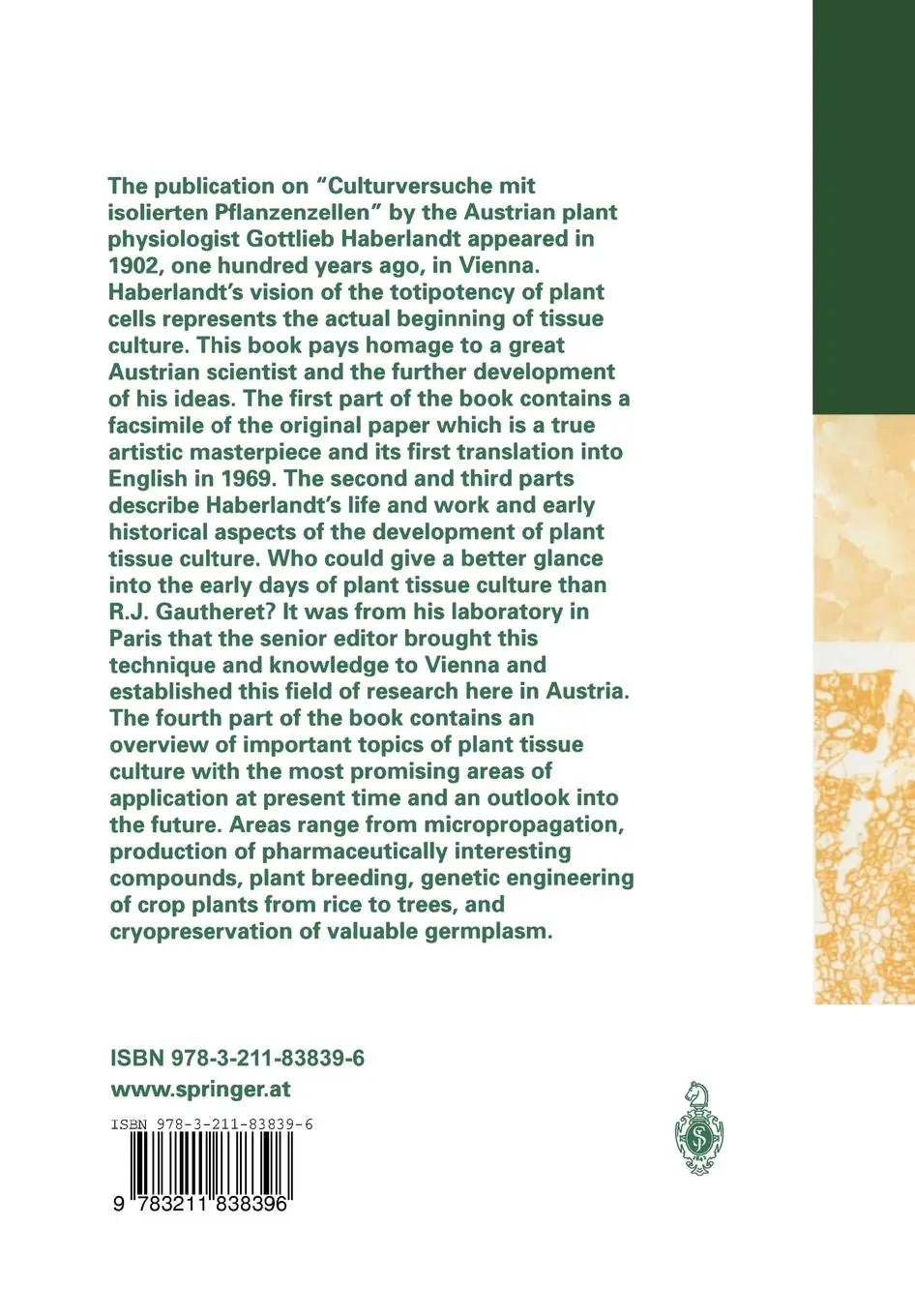Rückseite: 9783211838396 | Plant Tissue Culture | 100 years since Gottlieb Haberlandt | Buch