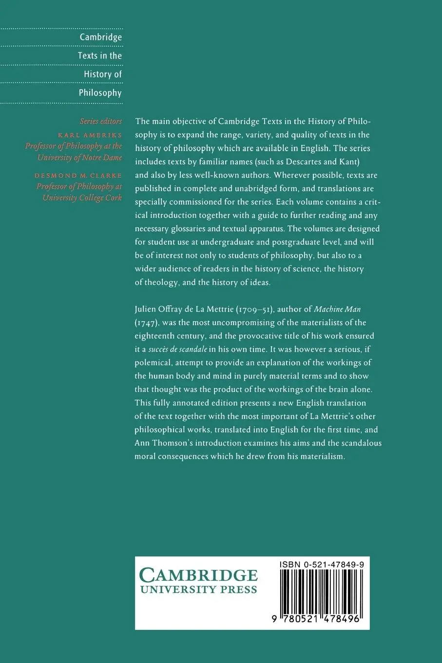 Rückseite: 9780521478496 | La Mettrie | Machine Man and Other Writings | Mettrie | Taschenbuch