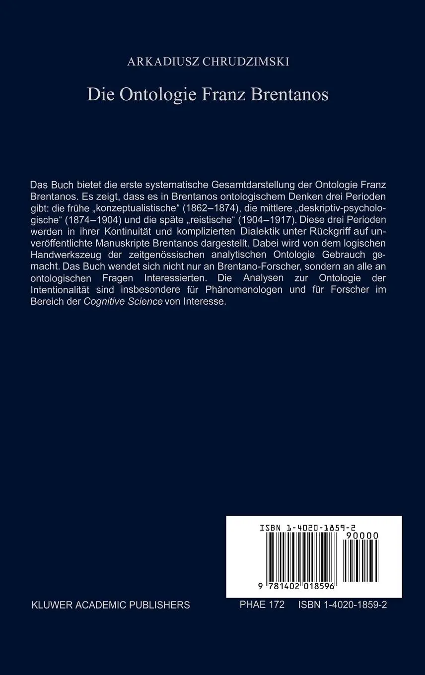Rückseite: 9781402018596 | Die Ontologie Franz Brentanos | A. Chrudzimski | Buch | vi | Deutsch