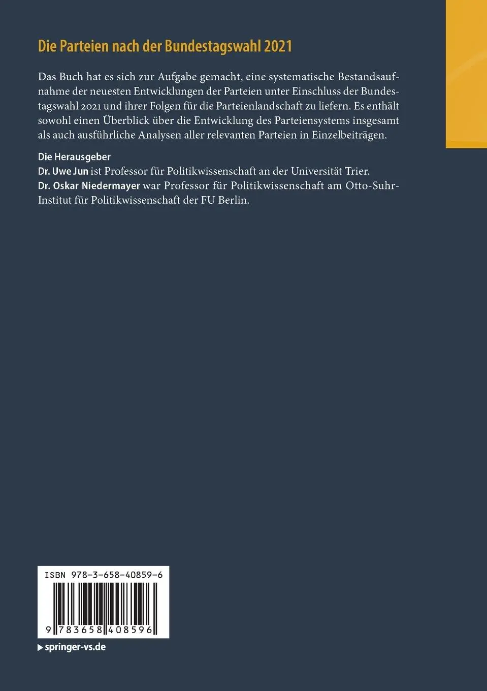 Rückseite: 9783658408596 | Die Parteien nach der Bundestagswahl 2021 | Oskar Niedermayer (u. a.)