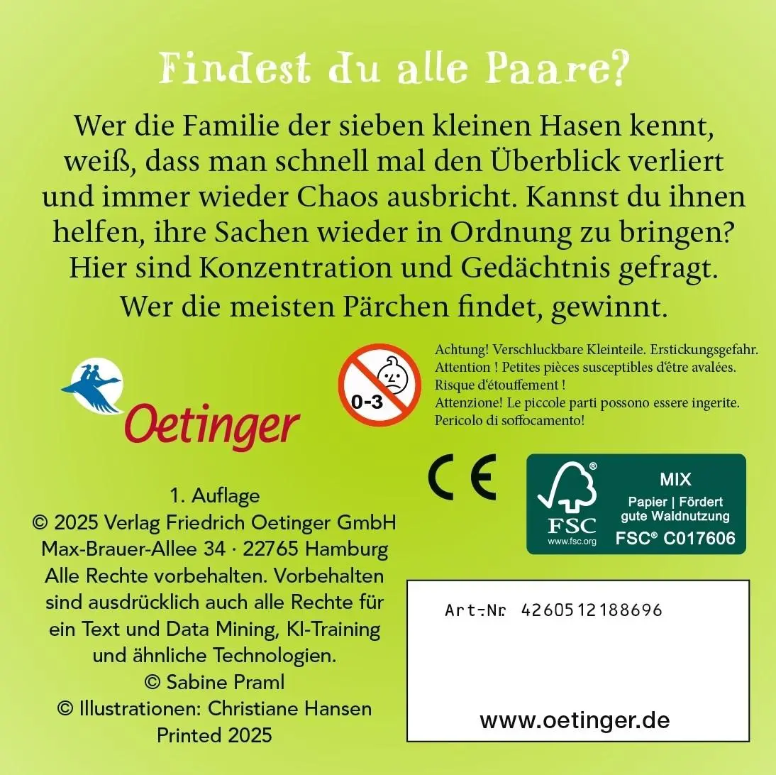 Rückseite: 4260512188696 | Sieben kleine Hasen. Memo-Spiel | Sabine Praml | Spiel | Sieben Hasen