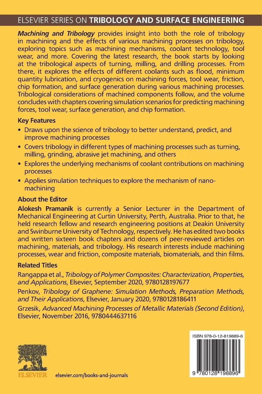 Rückseite: 9780128198896 | Machining and Tribology | Processes, Surfaces, Coolants, and Modeling