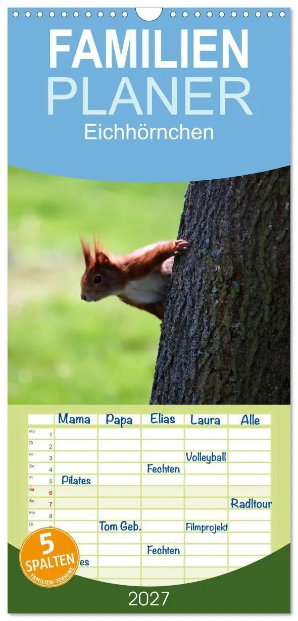Cover: 9783594338896 | Familienplaner 2027 - Eichhörnchen mit 5 Spalten (Wandkalender, 21...