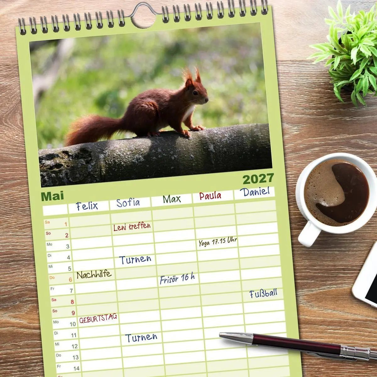 Bild: 9783594338896 | Familienplaner 2027 - Eichhörnchen mit 5 Spalten (Wandkalender, 21...